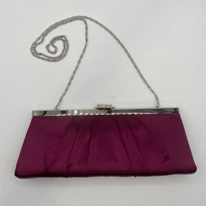 Gunne Sax Satin Pleated Burgundy Evening Bag Clutch with Silver Chain Hardware